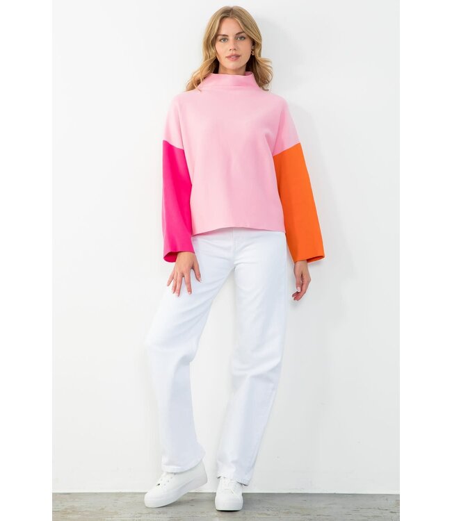 Amelia Colorblock Sleeve Sweater Pink L