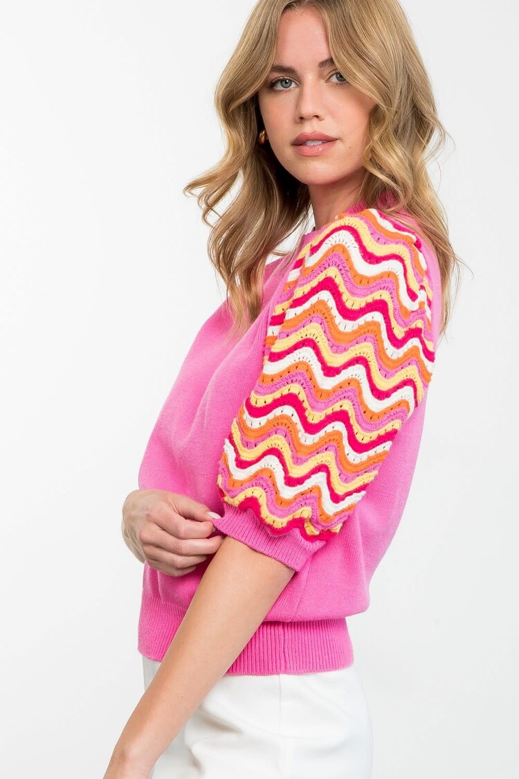 Elisse Mock Neck Crochet Sleeve Knit Top Amber Marie and Company