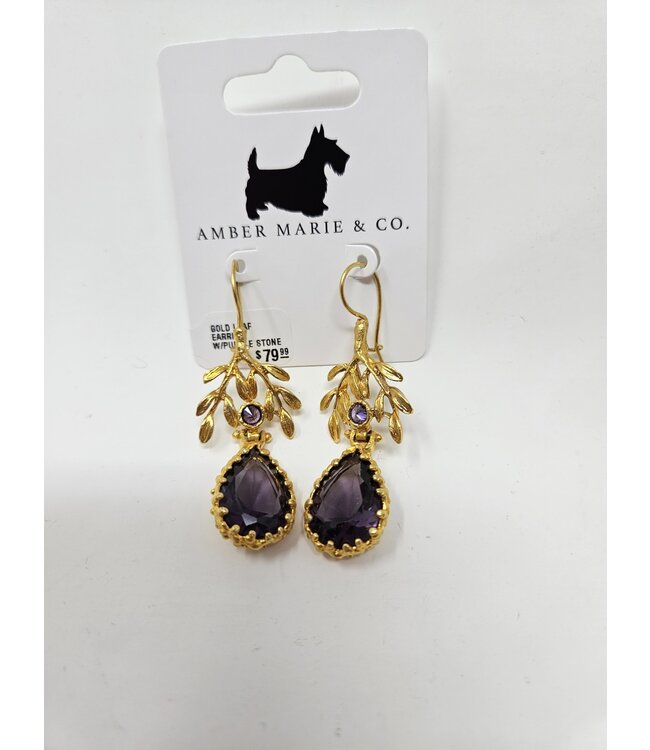 GOLD LEAF EARRING W/PURPLE STONE