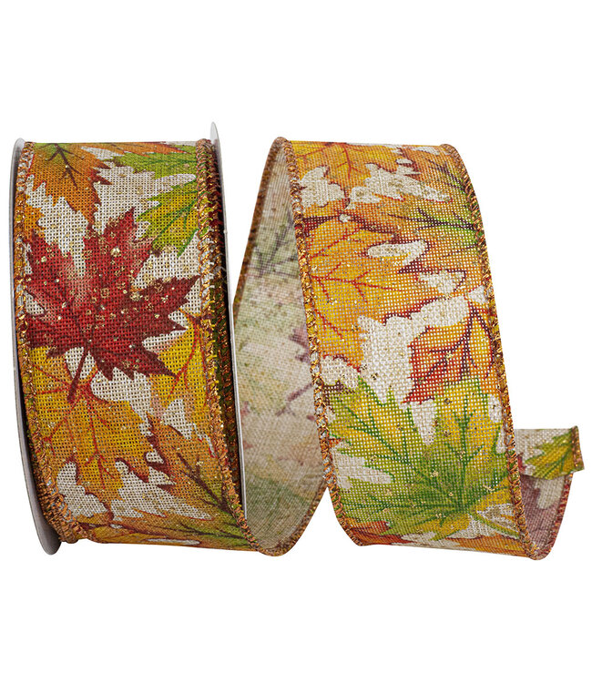 Leaf Multi Color Linen Wired Edge Ribbon