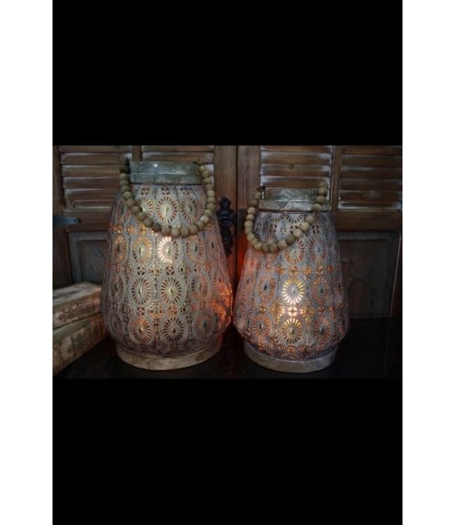 Round Metal Lantern With Beaded Handle