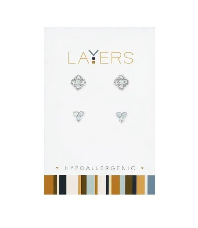 Silver Beaded Petal & Triple Opal Duo Pair Stud Layers Earrings