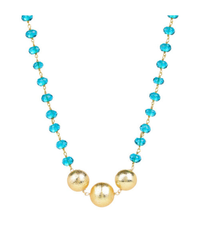 Blue Topaz Beaded Necklace With 3 Gold Balls