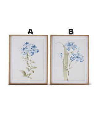 27.625 Inch Blue & Gray Floral Print With Brown Wood Frame