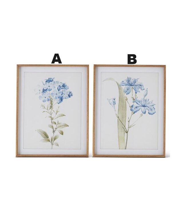 27.625 Inch Blue & Gray Floral Print With Brown Wood Frame