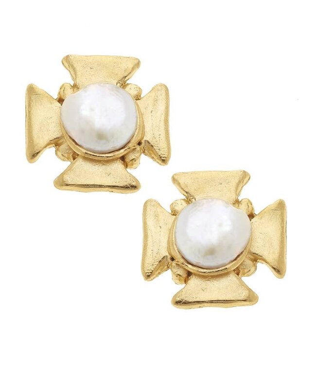 SUSAN SHAW Gold Cross with Genuine Freshwater Pearl Pierced Earrings