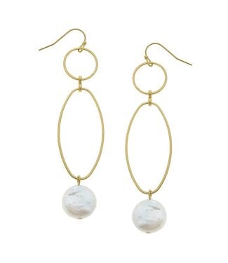 SUSAN SHAW Gold Round and Oval with Genuine Freshwater Coin Pearl Earrings