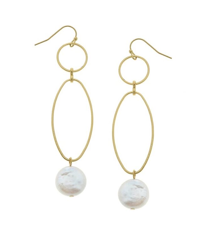 SUSAN SHAW Gold Round and Oval with Genuine Freshwater Coin Pearl Earrings