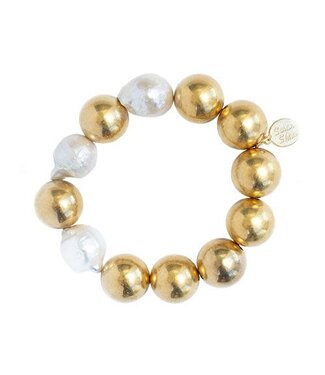 SUSAN SHAW Gold Plated Ball & Baroque Pearl Stretch Bracelet
