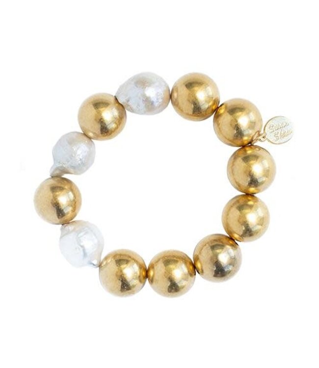 SUSAN SHAW Gold Plated Ball & Baroque Pearl Stretch Bracelet
