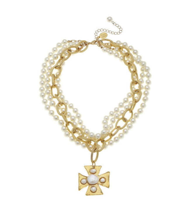 SUSAN SHAW Maltese Cross Multi-Strand Pearl Necklace