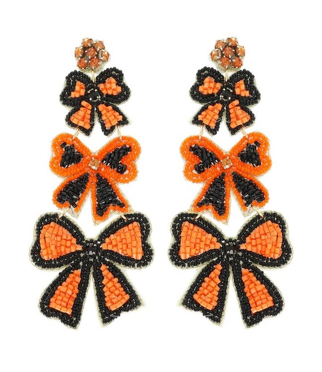 Game Day Striped Bow Ribbon Beaded Earrings Orange & Black