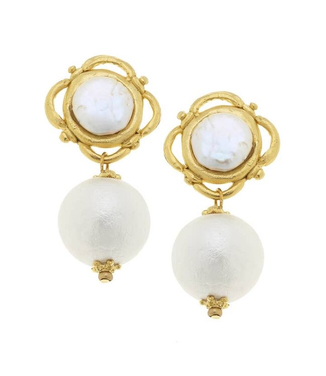 SUSAN SHAW Gold with Pearl and Cotton Pearl Clip Earrings