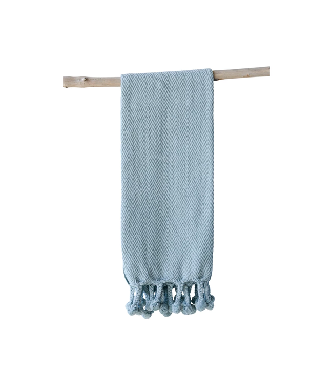 Cotton Throw W/ Braided Pom Poms, Aqua