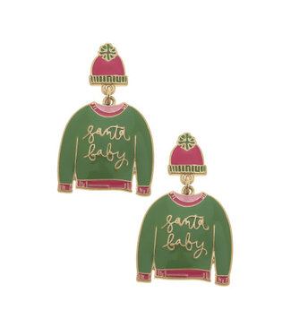 Sweater And Beanie Enamel Earrings In Green And Pink