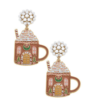 Gingerbread House Mug Enamel Earrings - Brown & Pink
