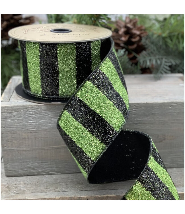 2.5" x 10yds Glitter Stripe Ribbon, Black-Green