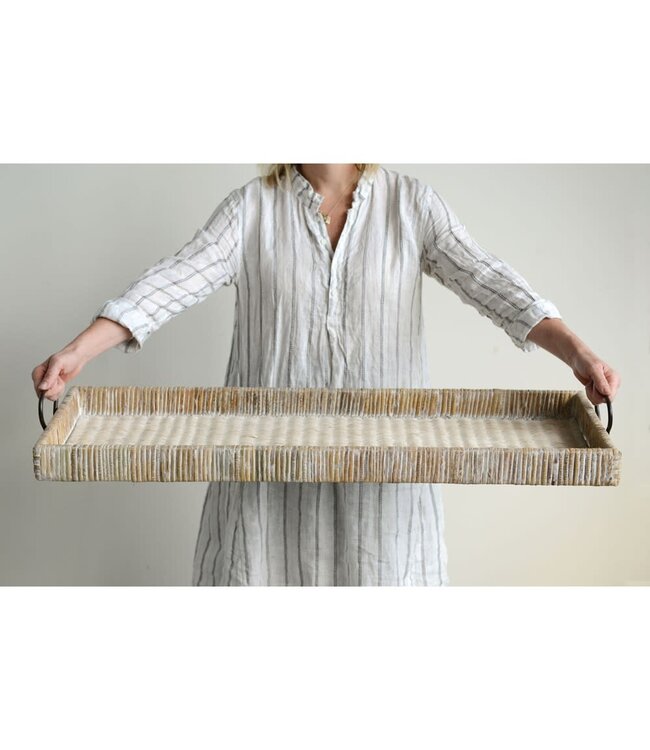 Decorative Rattan Tray w/ Metal Handles
