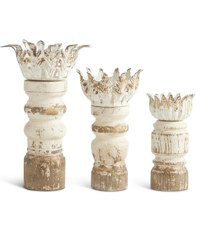 Distressed Whitewashed & Gold Wood Candleholders With Metal