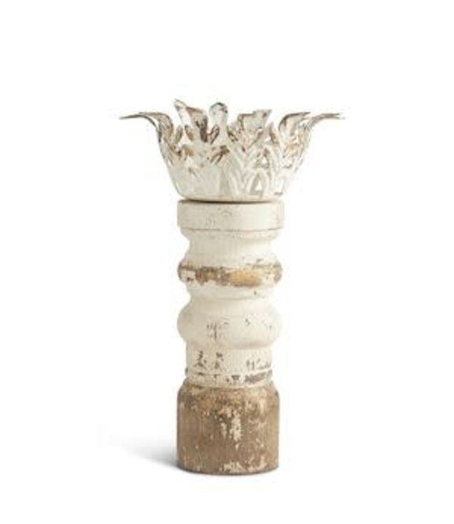 Distressed Whitewashed & Gold Wood Candleholders With Metal