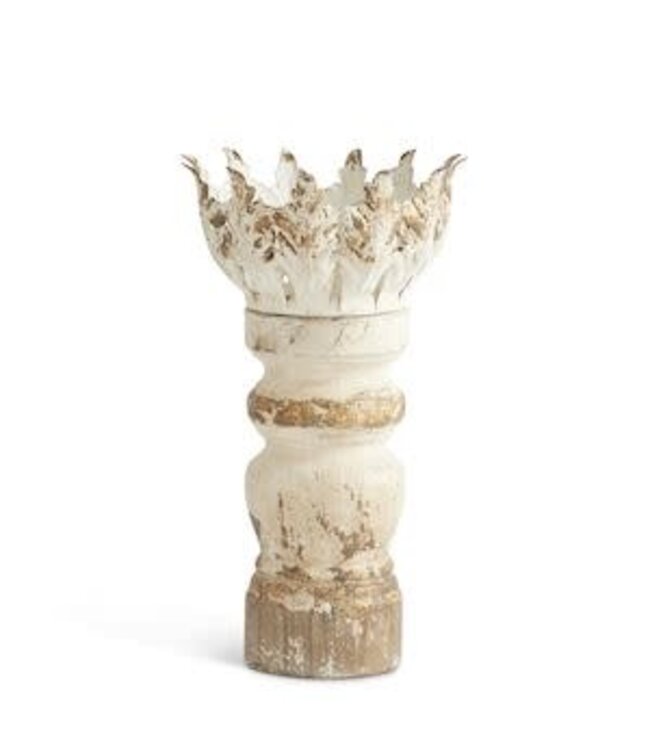 Distressed Whitewashed & Gold Wood Candleholders With Metal