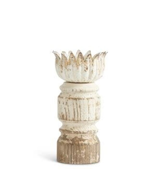 Distressed Whitewashed & Gold Wood Candleholders With Metal