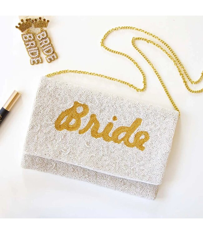 Bride White Clutch for Wedding Day in Gold