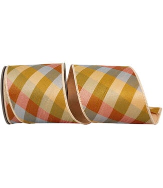 4 inch Plaid Diagonal Augusta Tonal Deluxe Dupioni Backed Wired Edge Ginger Ribbon