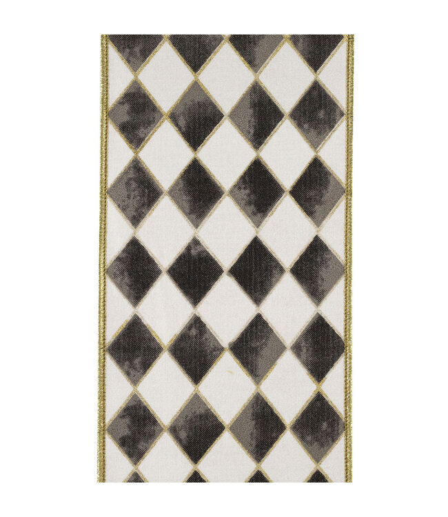 4 Inch Harlequin Diamond Gilded Deluxe Outline Wired Edge Black Ribbon