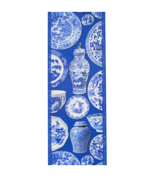 2.5 Inch Terra Cotta Ceramics Chinoiserie Twill Deluxe Dupioni Backed Wired Edge Ribbon