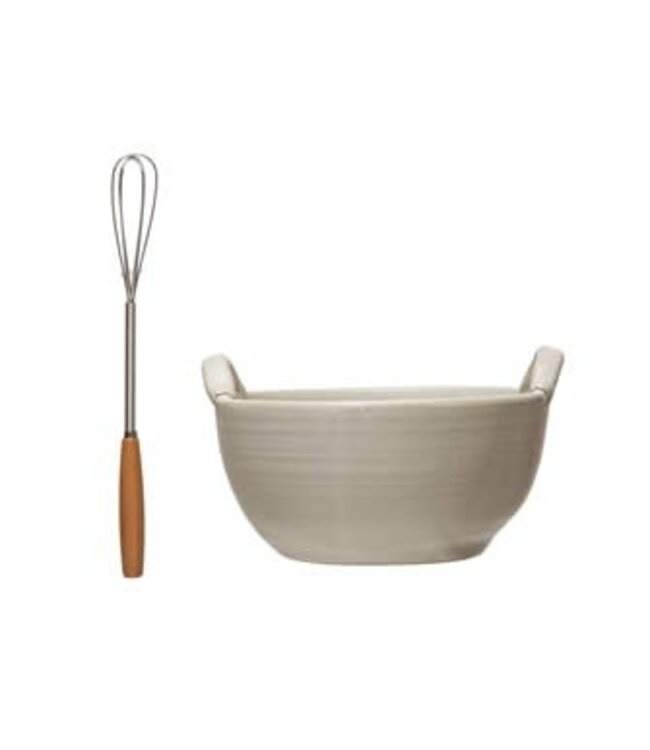 Stoneware Bowl with Wood Handle Whisk