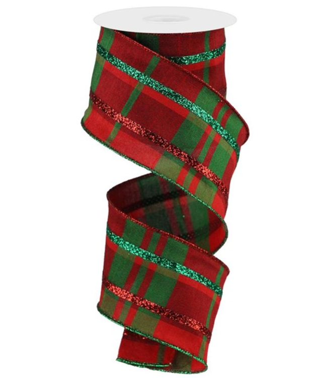 2.5"X10yd Dupioni Plaid W/Glitter Stripe Ribbon