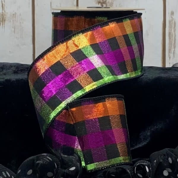2.5” x 10yds Metallic Halloween Plaid, Green Purple Orange Amber