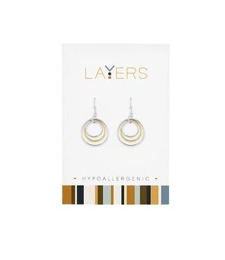 Silver Two-Tone Three Circle Dangle Layers Earrings