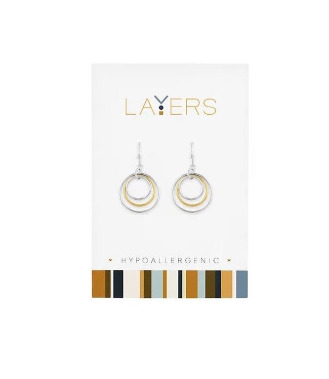 Silver Two-Tone Three Circle Dangle Layers Earrings