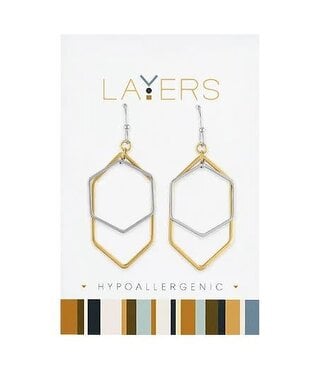 Silver Two-Toned Hexagon Dangle Layers Earrings