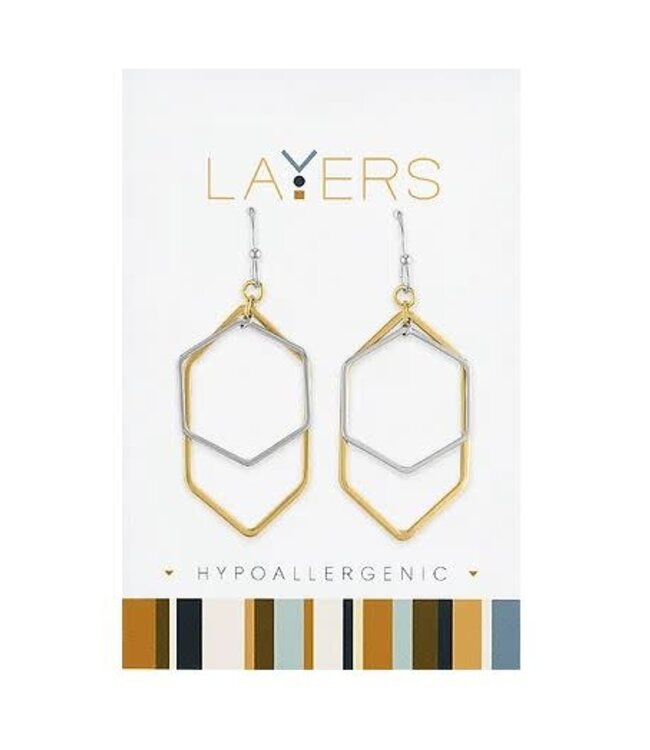 Silver Two-Toned Hexagon Dangle Layers Earrings
