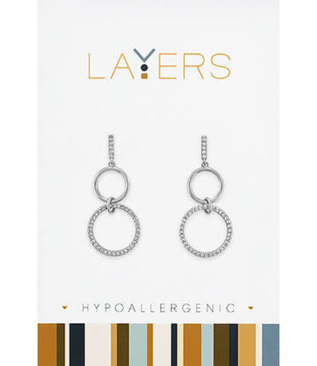 Silver Double Circle w/ CZ's Stud Layers Earrings