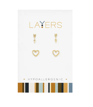 Gold Arrow and Open Heart Duo Pair Stud Layers Earrings