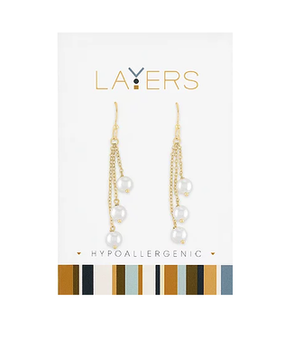 Gold Triple Pearl Dangle Layers Earrings
