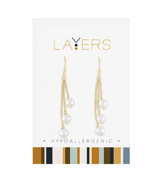 Gold Triple Pearl Dangle Layers Earrings