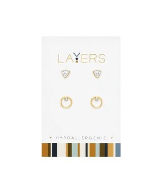 Gold Triangle CZ & Open Circle CZ Pair Duo Stud Layers Earrings