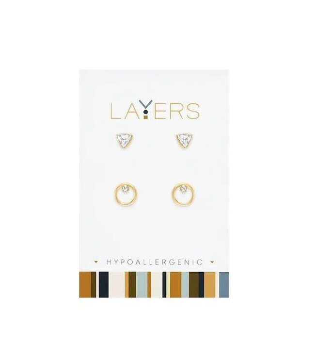 Gold Triangle CZ & Open Circle CZ Pair Duo Stud Layers Earrings