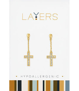 Gold CZ Cross Studded Dangle Layers Earrings