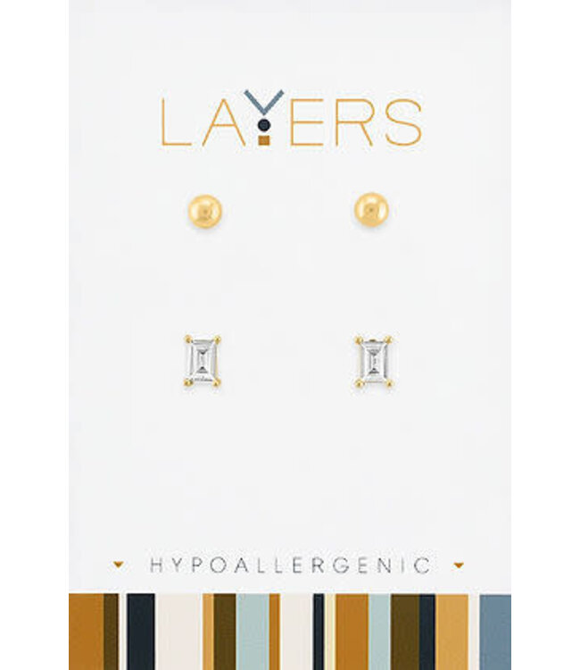 Gold Baguette & Ball Duo Layers Earrings