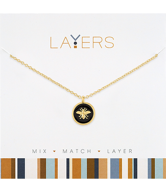 Gold Bee on Black Coin Layers Necklace