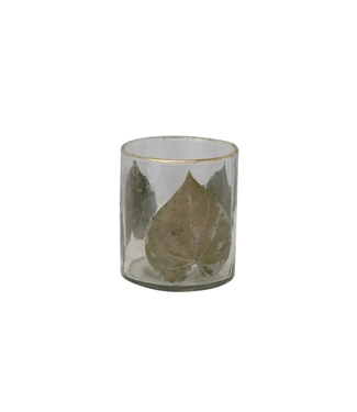 Hand-Blown Glass Votive Holder w/ Embedded Peepal Leaves & Gold Foil Edge