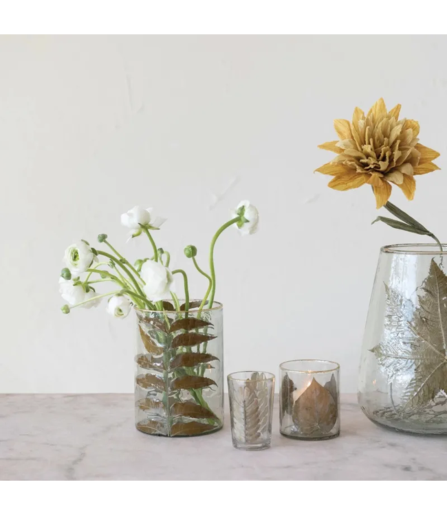 Hand-Blown Glass Votive Holder w/ Embedded Peepal Leaves & Gold Foil Edge