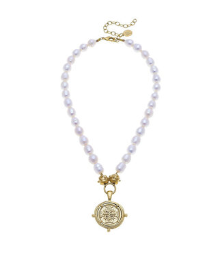 SUSAN SHAW Jerusalem Cross Medallion Pearl Necklace