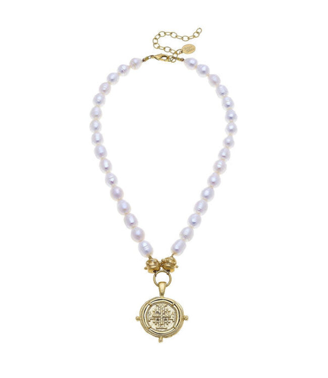 SUSAN SHAW Jerusalem Cross Medallion Pearl Necklace